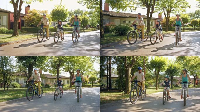 阳光明媚的日子里，DS父母和他们的儿子在一个不错的社区骑自行车