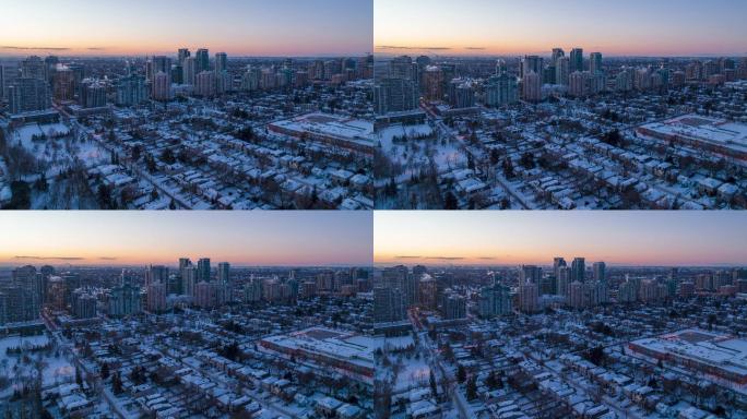时间流逝：加拿大多伦多北约克市夜间照明下的冬季城市景观鸟瞰图
