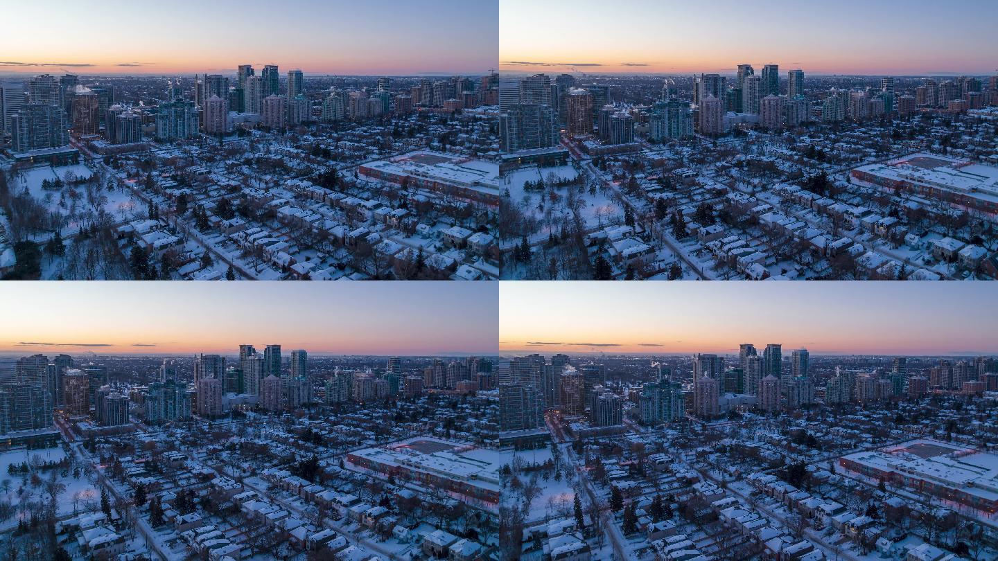 时间流逝：加拿大多伦多北约克市夜间照明下的冬季城市景观鸟瞰图