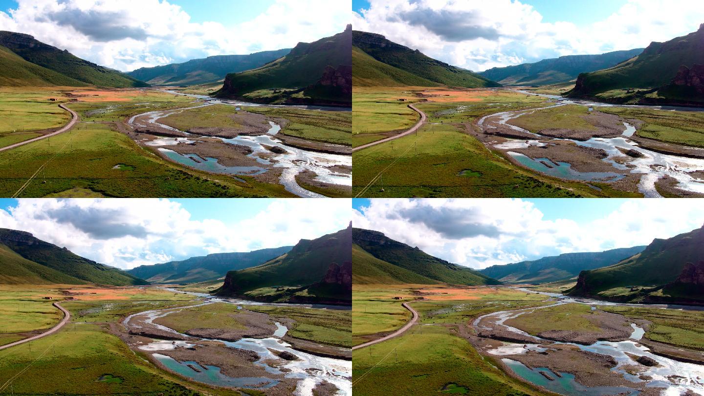 4k青海海西草原草山河流