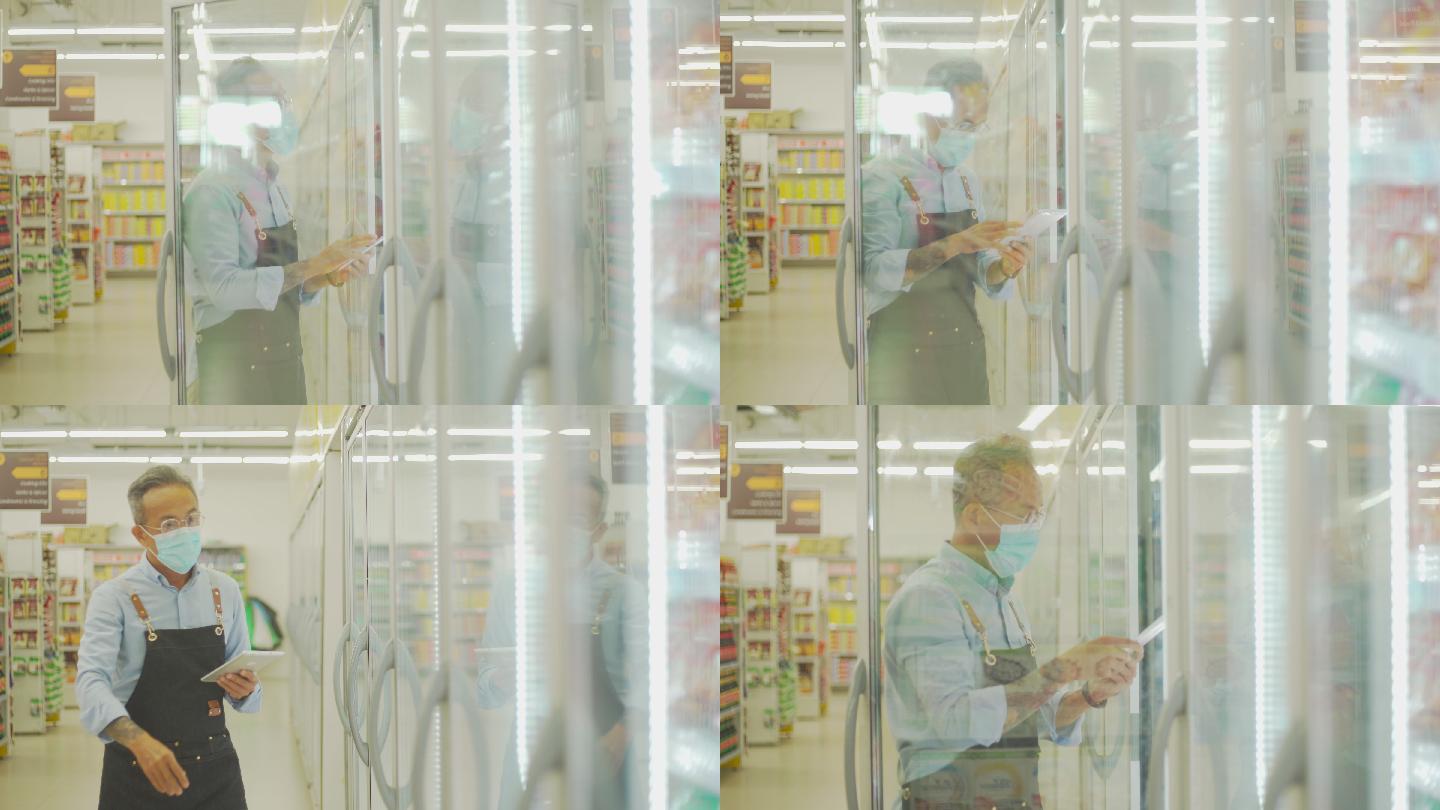 一名戴着口罩的亚裔中国老人在超市冷藏区用数码平板电脑清点冷冻食品