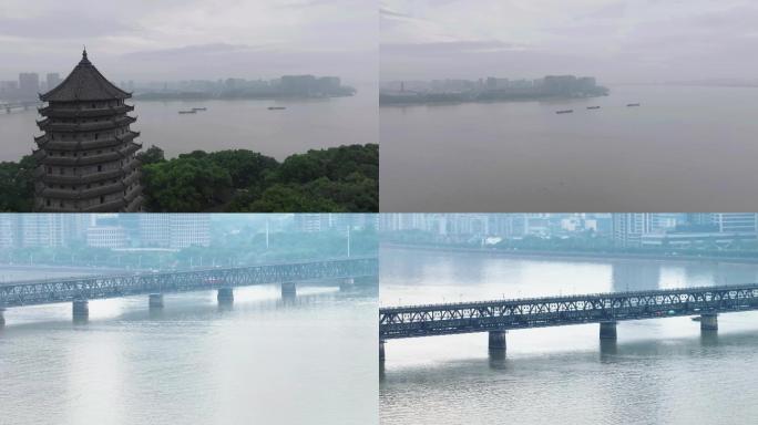钱塘江六和塔绿皮火车航船航拍4k