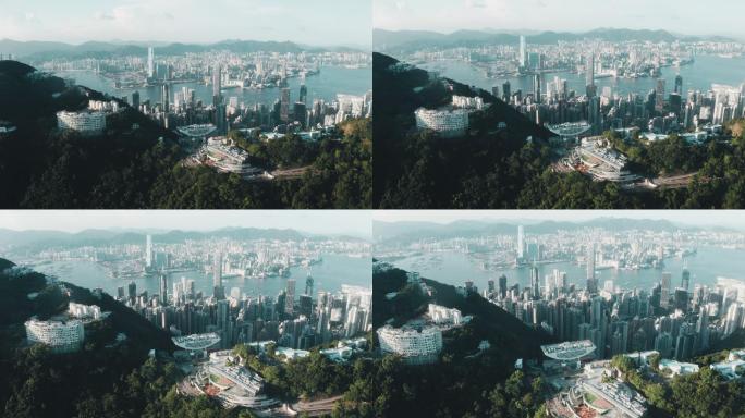香港城市全景俯视图。摩天大楼的无人机足迹