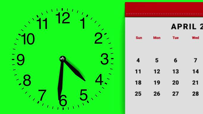 时光飞逝。绿色屏幕上的时钟和年历计时