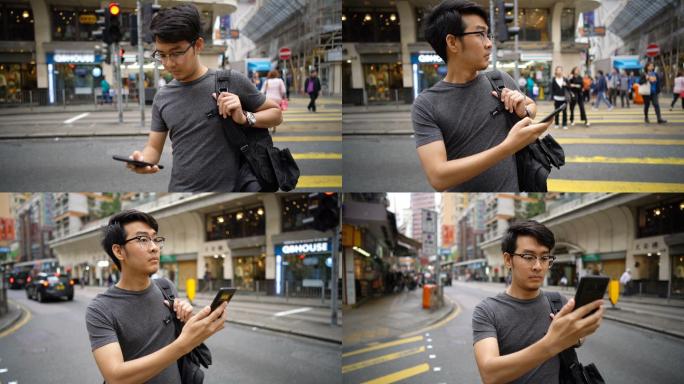 香港市迷路男子在智能手机上查看地图方向