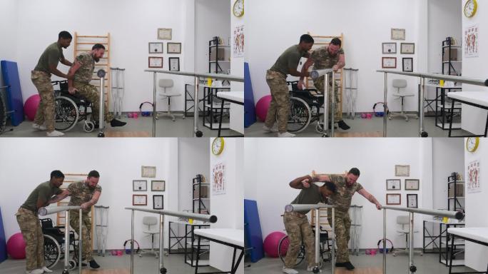 一名年轻的军人在康复中心使用双杠。