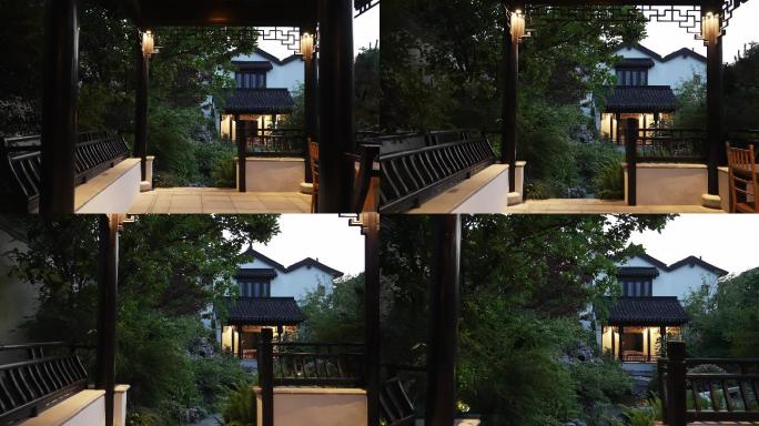 高档别墅中式合院傍晚亮灯走廊过道