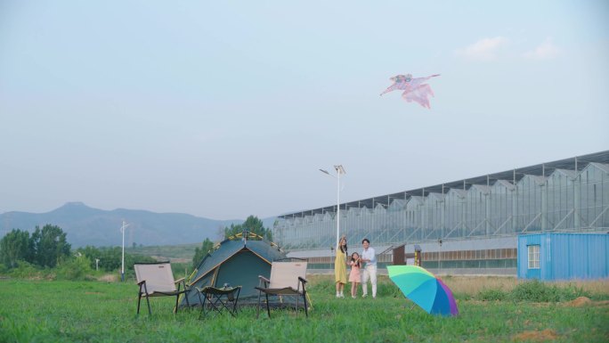 一家三口放风筝 田园风光 草地露营