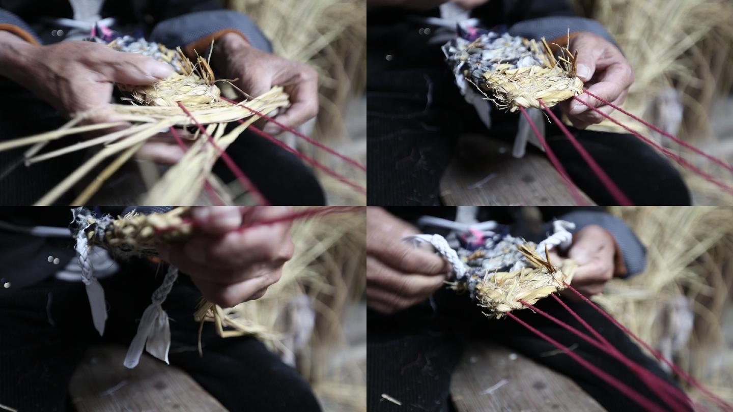 老房子老人老手艺编织草鞋稻草皱纹双手特写