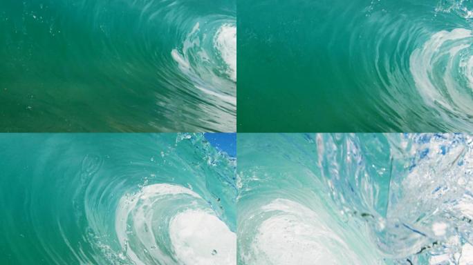 加利福尼亚州夏日阳光下，浅水沙滩上的巨浪划过摄像机，形成了完美的桶形波POV。在红龙号上以300FP