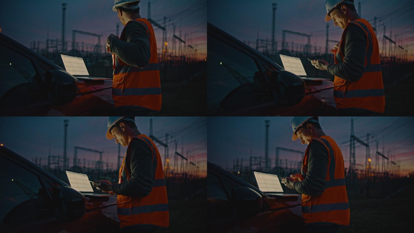 自信的男工程师在电站前使用笔记本电脑