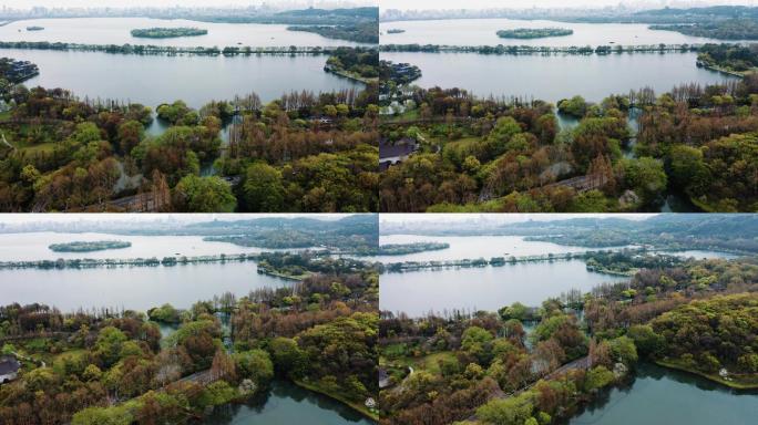 春天的杭州西湖全景4K航拍