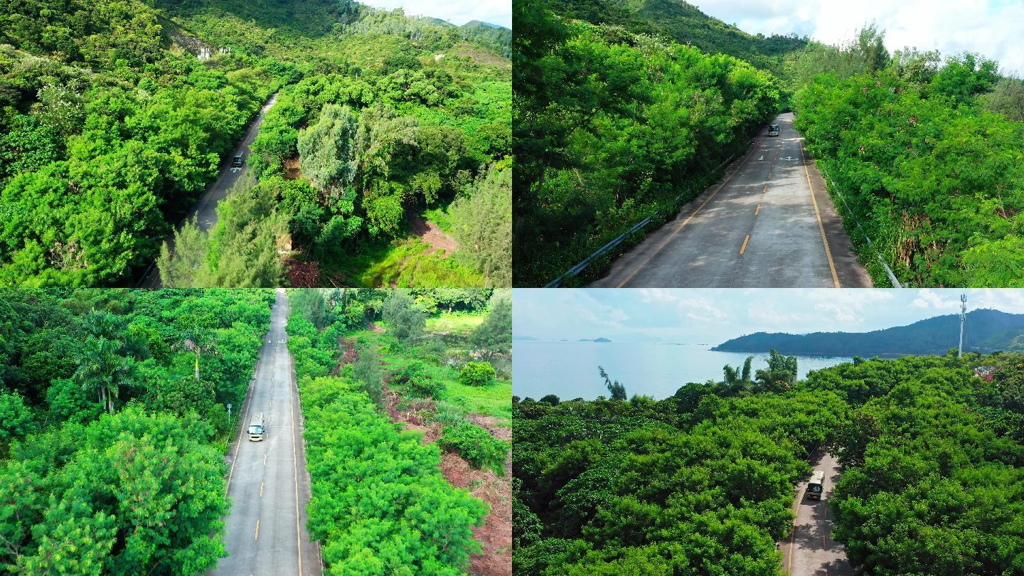 客车大巴在海边公路上行驶航拍