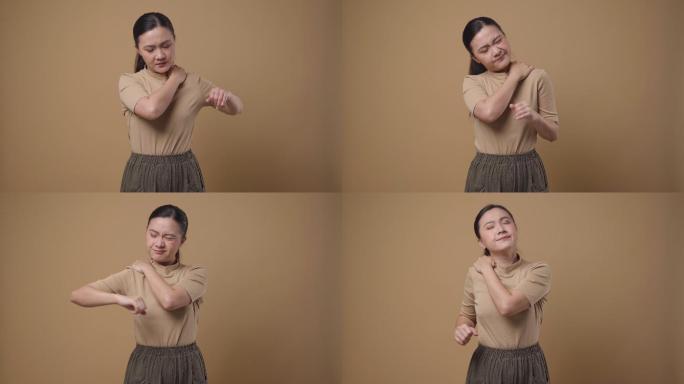 这幅亚洲女性肖像的背景是身体疼痛。4K视频