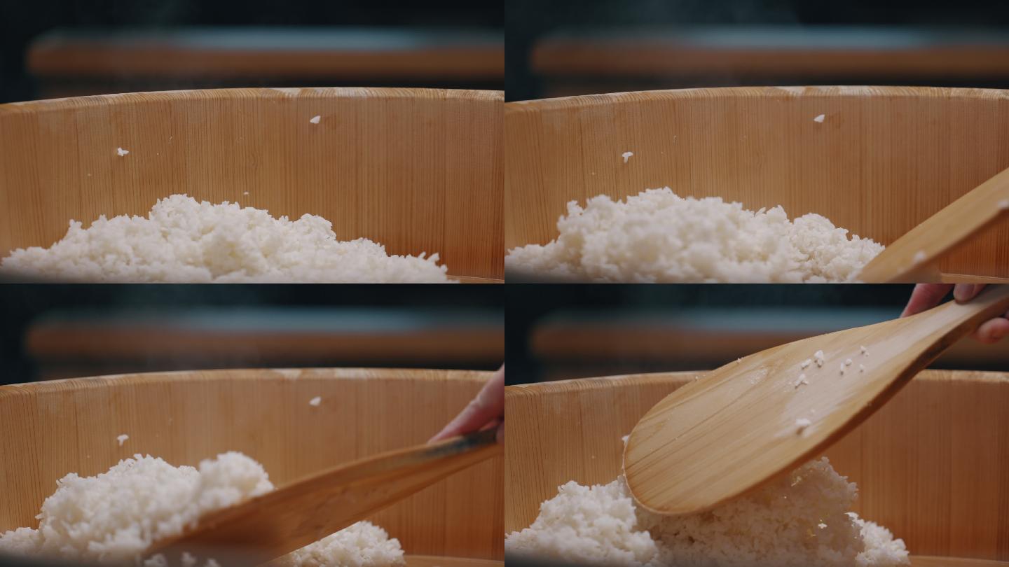 日本寿司厨师用汉吉里木碗做寿司饭