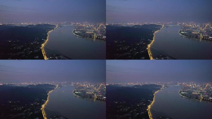晚上杭州钱塘江之江路航拍夜景