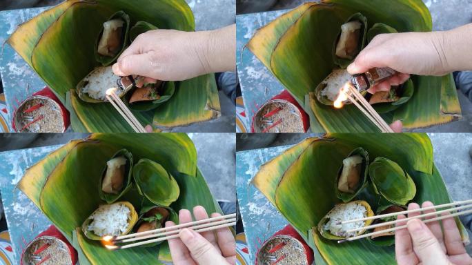 手烧香成德泰国手烧香炉用芭蕉叶包裹食物祈