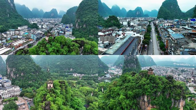 广西雨季航拍桂林阳朔县城风光