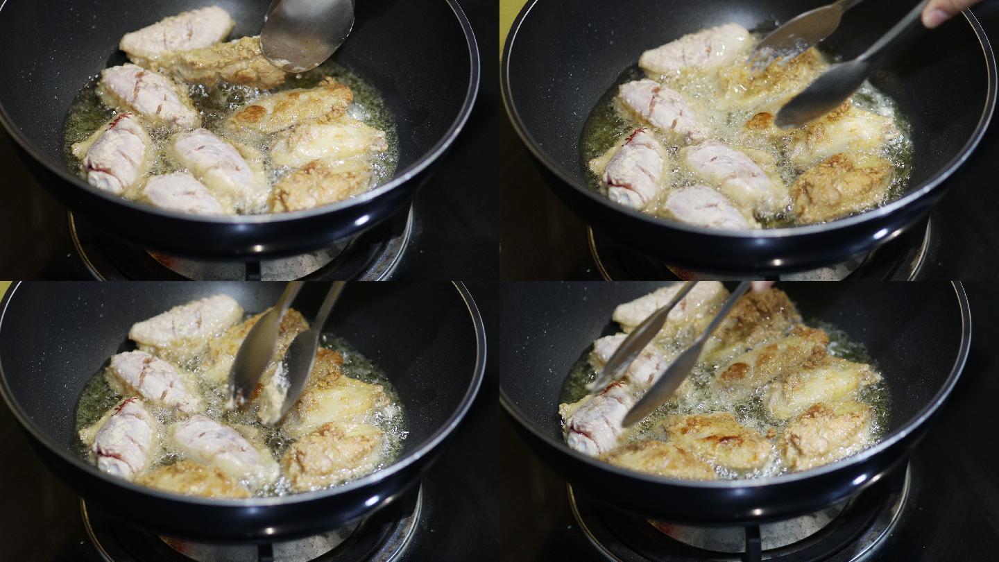 在家里用平底锅烹饪炸鸡的特写镜头