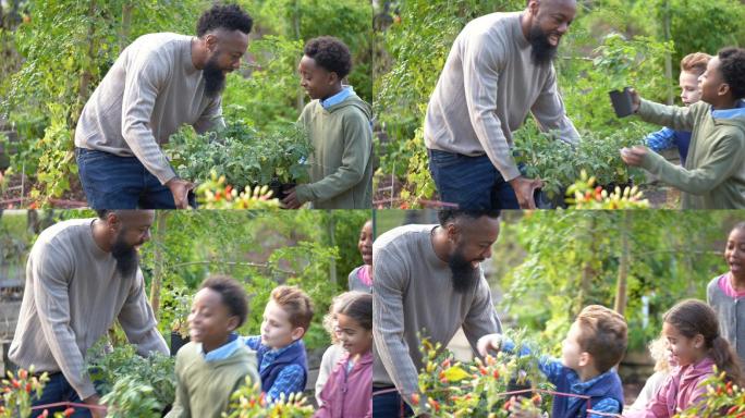带着孩子的男人，种植在社区花园里