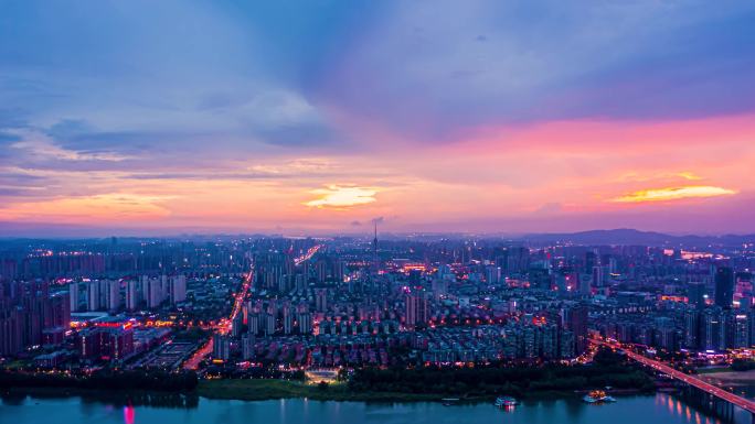 株洲市华灯初上晚霞夜景航拍延时4k