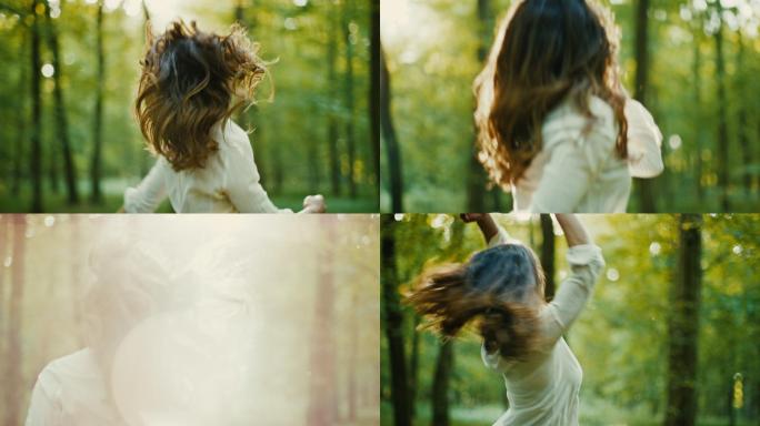 美丽的黑发女子斯洛·莫热爱大自然，她在阳光明媚的绿色森林中蹦蹦跳跳