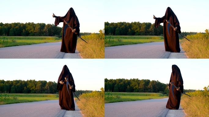 《死神》在空旷的乡村公路上搭车的有趣视频。