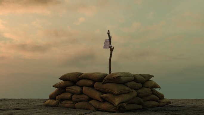 在阴沉的天空下，军用沙袋后面的白旗