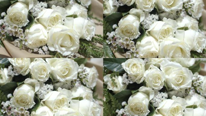 特写白玫瑰花束。爱情观