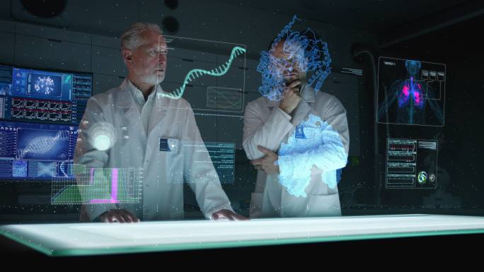 由男性科学家组成的未来实验室。全息三维模型。团队扫描人类肺部病原体和DNA损伤