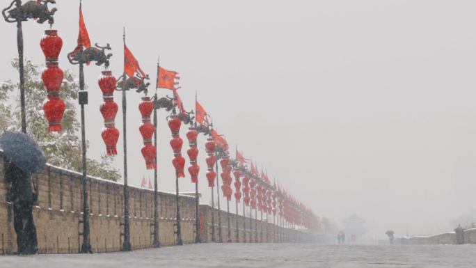 中国西安雪域古城墙。