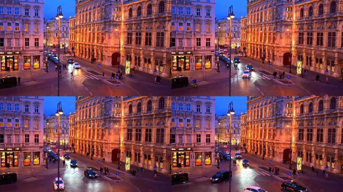 奥地利维也纳，维也纳歌剧院前的交通道路和行人的日落景象