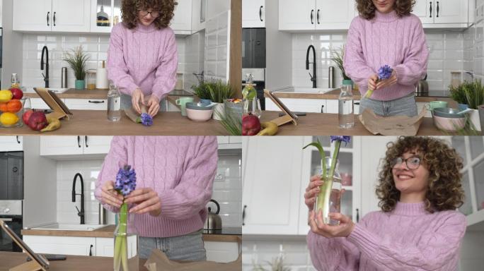 无忧无虑的年轻女子把花放进玻璃瓶，刷新家居装饰
