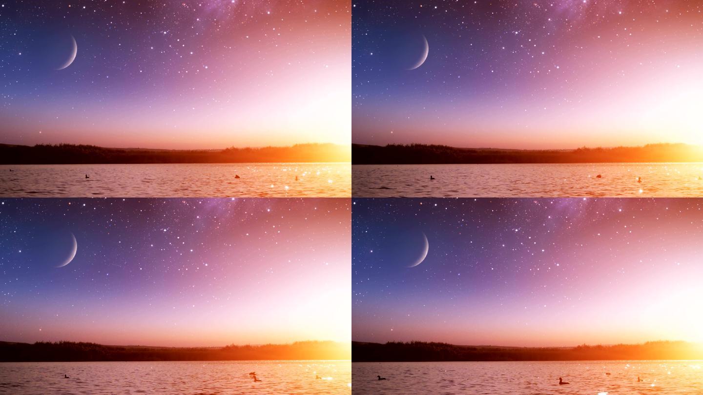 湖面上的日落通话世界日月星辰同时出现傍晚