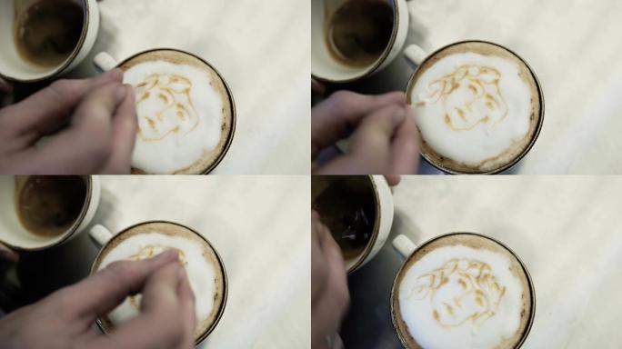 专业咖啡师在杯子里制作倒流牛奶拿铁艺术图案。股票视频