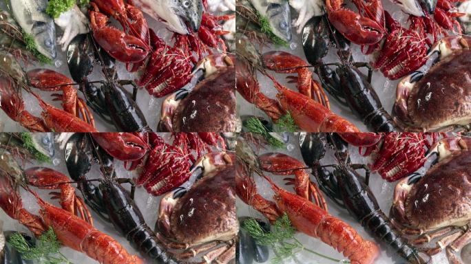 4K超高清倾斜：各种奢华的新鲜海鲜、龙虾、鲑鱼、鲭鱼、小龙虾、对虾、章鱼、贻贝和扇贝，冰底有冰冻的冰