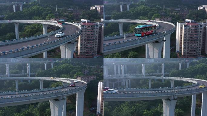 低空环绕航拍重庆苏家坝立交桥清晨交通繁忙