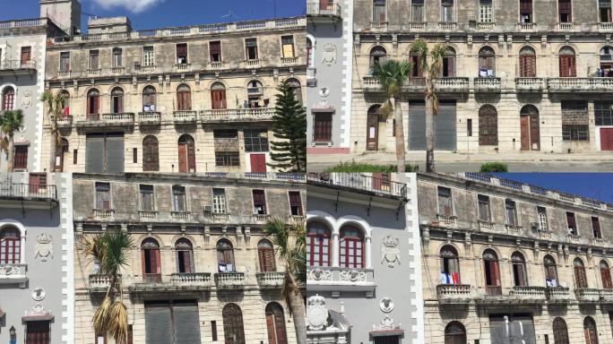古巴哈瓦那一栋大楼的阳台上晾晒衣服