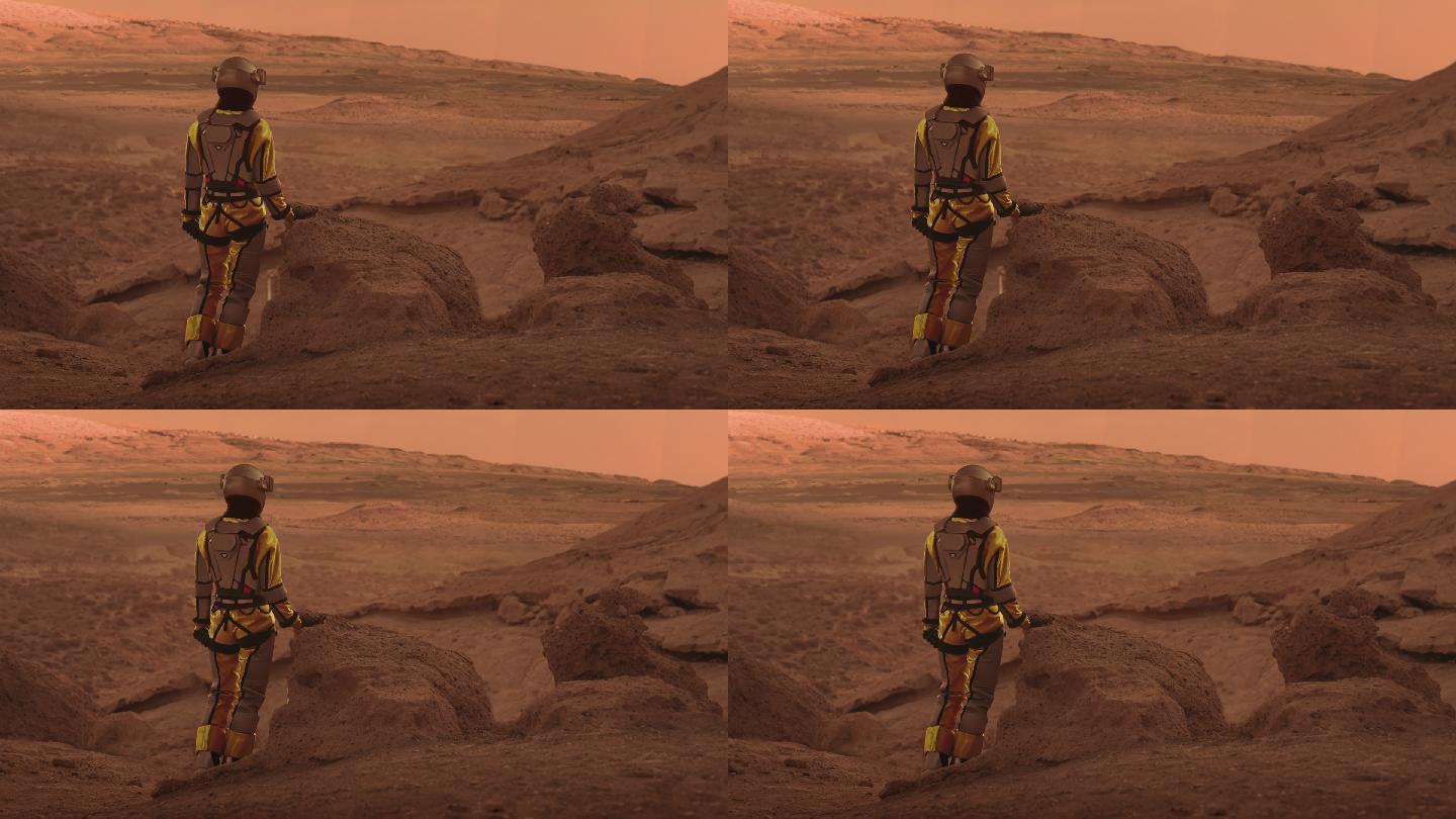 在火星上散步。女宇航员探索铁锈山。查看视图