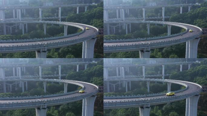超低空航拍清晨汽车行驶在重庆苏家坝立交桥