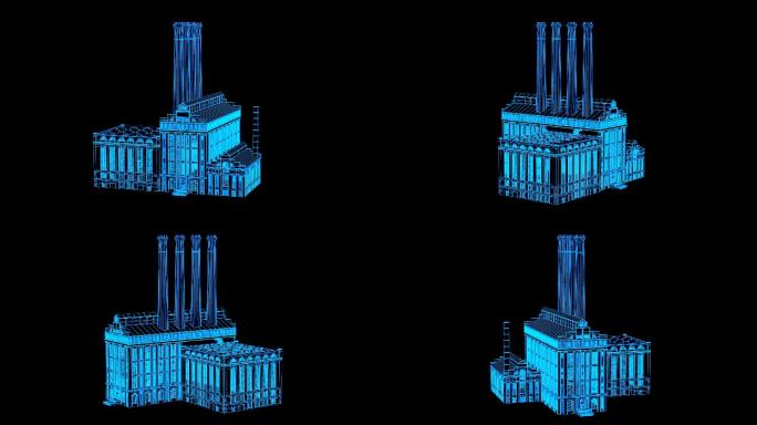 全息科技蓝色线框工业厂房动画带通道