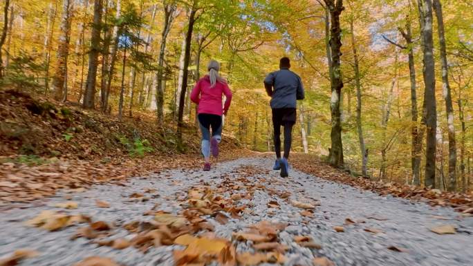 秋天，男人和女人在森林小道上奔跑