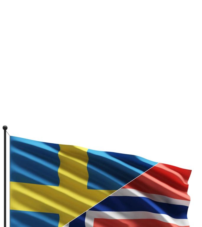 瑞典和挪威国旗在风中与白色背景隔离，带有复制空间