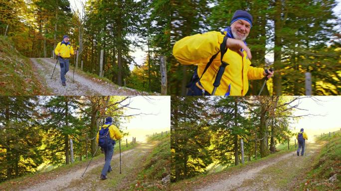 一名资深男性徒步旅行者在森林路上走过，对着镜头挥手