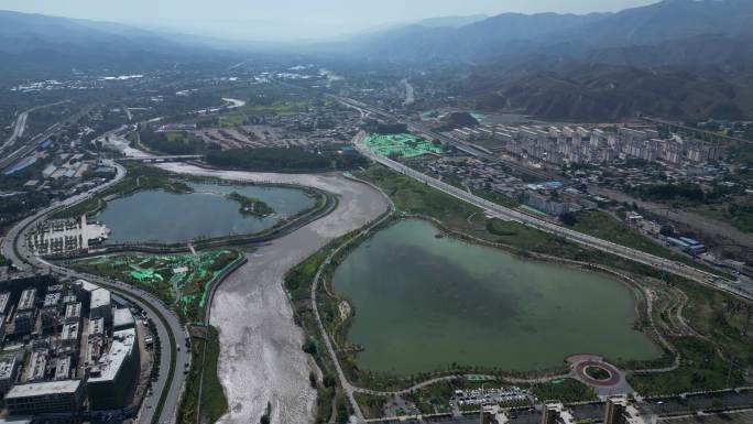 青海海东乐都城市风光三河六岸公园航拍