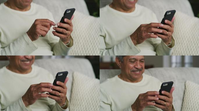 一名老人独自坐在家里的沙发上，使用手机的4k视频片段