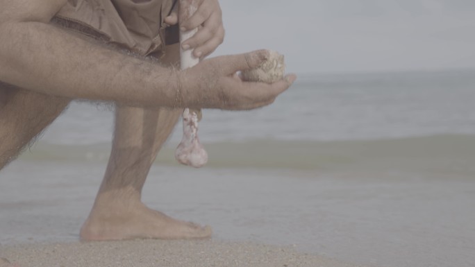 原始人在海滩上捡贝壳