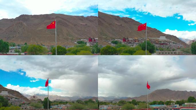 西藏日喀则国旗围绕航拍高清4K