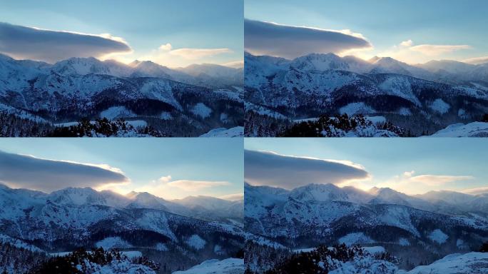 日落时的冬季森林。欧洲阿尔卑斯山