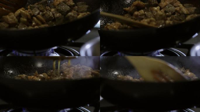 牛肉和鸡肉炒菜在家庭厨房准备食物切碎剥皮切碎搅拌新鲜有机白菜甜椒蘑菇洋葱蔬菜和肉类视频系列